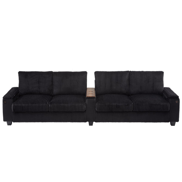 English Elm 4-seater Corduroy Sofa with USB Ports, Flip-Top Cup Holders, Hidden Arm Storage & Ultra-Deep Seats Black N719S001990B