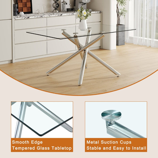 English Elm Table Modern Luxurious Transparent Glass Dining Set With 6 White Pu Chairs & Silver Metal Legs W1151S04126-GIGA