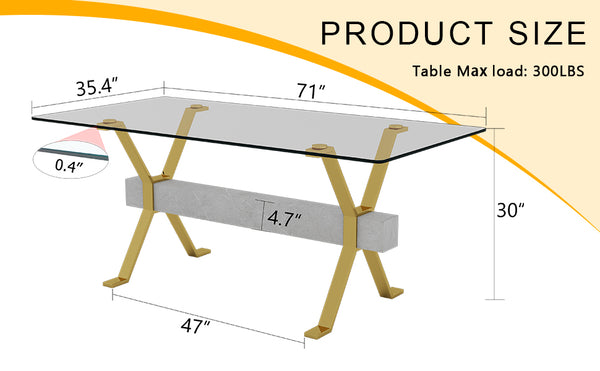 English Elm Dining Tempered Glass Table with Gold X-Legs & Gray MDF Crossbar, 71"x35.4" Modern 4-8 Seater Elegance W1151S02350