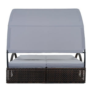 English Elm U_style Outdoor Double Sun Lounger Hdpe Wicker Steel Frame with Canopy Pop up Tables Gray WY000485AAE