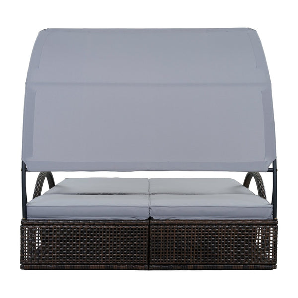 English Elm U_style Outdoor Double Sun Lounger Hdpe Wicker Steel Frame with Canopy Pop up Tables Gray WY000485AAE