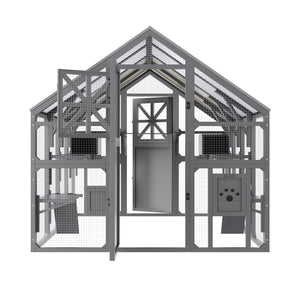 English Elm Large Walk-in Pine Wood Catio Enclosure with Platforms Resting Boxes and Planter Grey N704G201618E