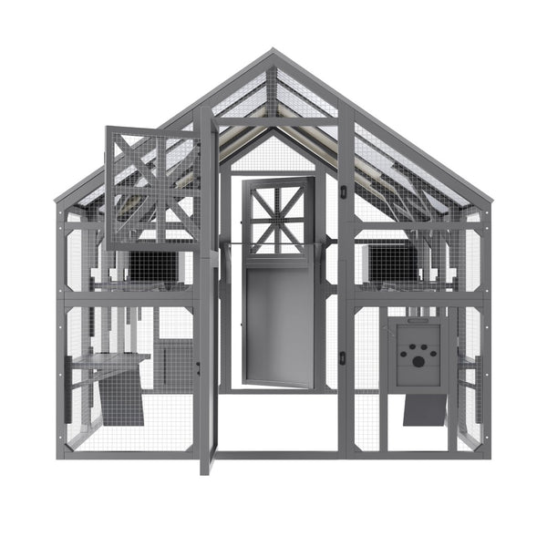 English Elm Large Walk-in Pine Wood Catio Enclosure with Platforms Resting Boxes and Planter Grey N704G201618E