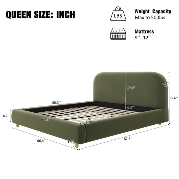 English Elm Christopher Knight Home® - Queen Boucle Platform Bed Frame with Curved Upholstered Headboard, Sturdy Slats, Luxurious Comfort Olive Green N757Q210312V