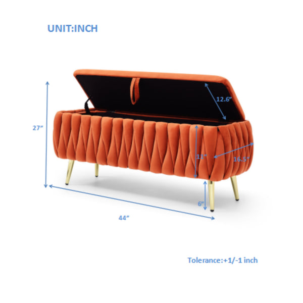 English Elm Oval Teddy Fabric Storage Bench with Gold Legs — 43.4" Large Upholstered Ottoman for Entryway Seating and Hidden Organization Orange W1117P184676