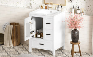 English Elm Modern 24 Inch Bathroom Vanity Solid Wood Cabinet with Ceramic Sink and Soft Close Storage White N729P292859K