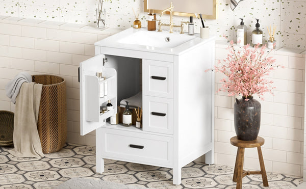 English Elm Modern 24 Inch Bathroom Vanity Solid Wood Cabinet with Ceramic Sink and Soft Close Storage White N729P292859K