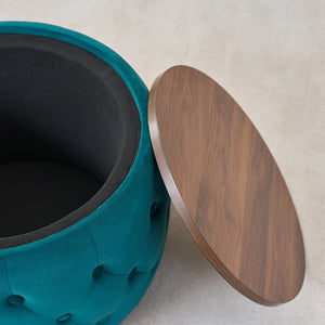 English Elm Ball Cast Round Nesting Ottoman Set Linen Upholstered Hidden Storage with Wooden Tray Blue W3163P379372