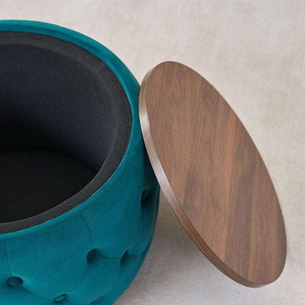 English Elm Ball Cast Round Nesting Ottoman Set Linen Upholstered Hidden Storage with Wooden Tray Blue W3163P379372