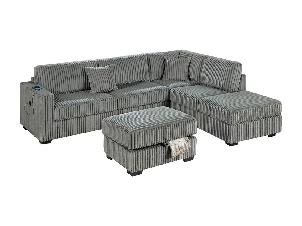 English Elm Smoke 3-Piece Corduroy Sectional Sofa Set with Reversible Chaise, USB & Storage Ottoman, Pillows Included B011S01774