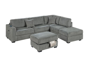 English Elm Smoke 3-Piece Corduroy Sectional Sofa Set with Reversible Chaise, USB & Storage Ottoman, Pillows Included B011S01774