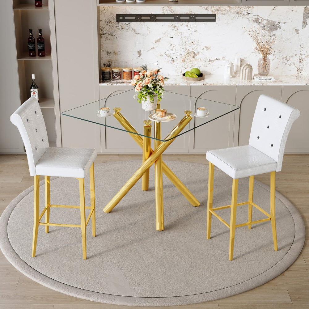 English Elm Modern Glass Top Pub Set with Gold Chrome Base and White Leather Stools for Home Bar W3875S00038