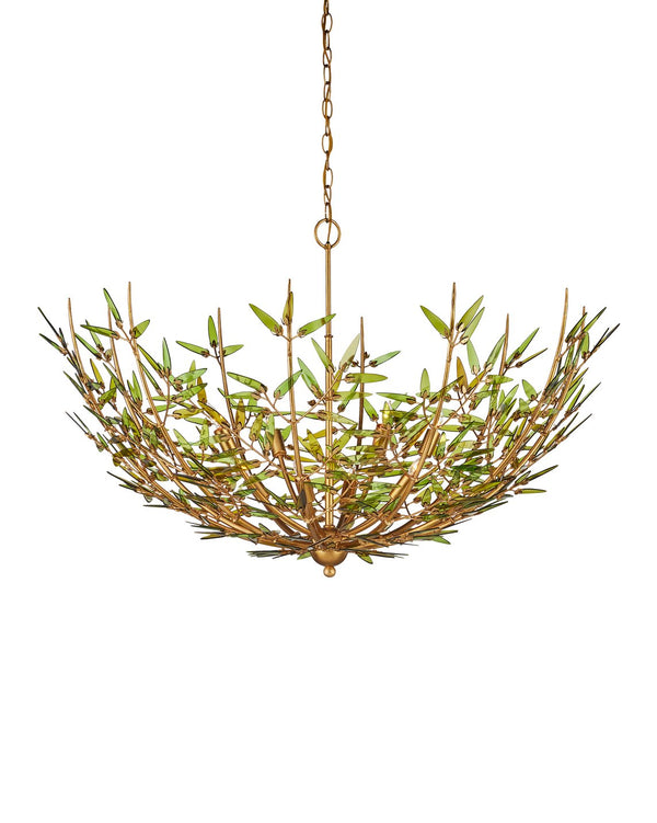 Currey & Company Babylon Chandelier - Elegant Bowl Design With Recycled Glass Leaves In Contemporary Gold Finish Green Recycled Bottle Glass ,Wrought Iron 9000-1308-currey-company