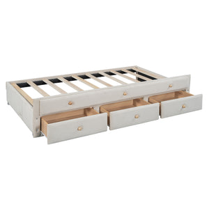 English Elm Twin Upholstered Daybed with Pull-Out Trundle and 3 Drawers, Velvet Finish, Solid Frame, Slat Kit Included Beige SF000147AAA