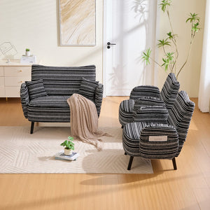 English Elm Modern tufted two-seater sofa with boucle upholstery, tapered legs, storage pockets, cozy compact design Black W395P376591