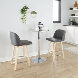 English Elm Fixed-height Swivel Counterstools Natural Wood Grey Faux Leather Chrome Footrest Pair B202S01768