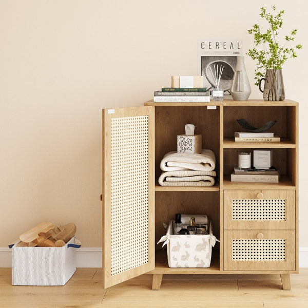English Elm Rattan Cane Front Sideboard with Drawers Adjustable Shelf Bohemian Storage Cabinet Natural T3623P434728