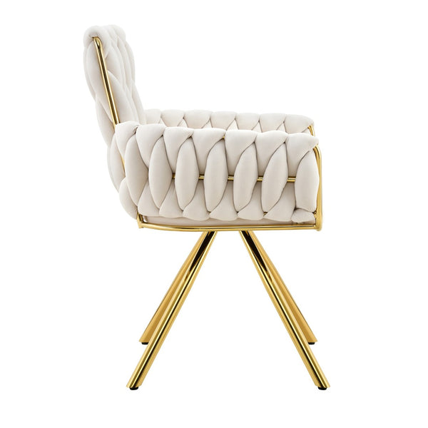English Elm Set of 2 Velvet Upholstered Dining Chairs Braided Rope Back Glam Metal Legs Beige,Gold W3875P383929