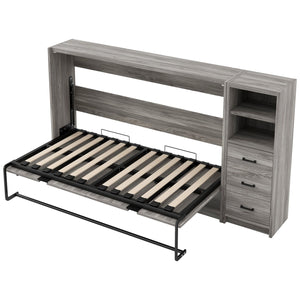 English Elm Twin Murphy Bed with Drawers & LED Light — Space-Saving Gray Cabinet Bed, Solid MDF/Pine, 800lb Capacity N709P002049D
