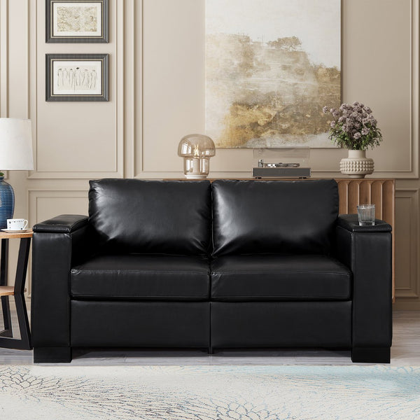 English Elm 67.7" Modern Loveseat Sofa with Cup Holders and Hidden Storage, Polyester Upholstery, Solid Wood Frame Black W1097S00199
