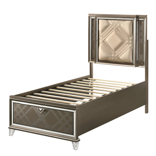 English Elm Beige Modern Twin Storage Bed with LED Touch Headboard, Two Drawers, Low-Profile Design, No Box Spring Needed B062S00543