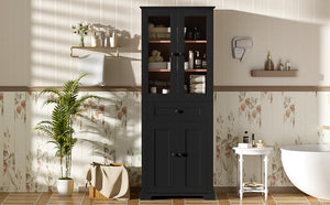 English Elm 67.2" Tall Bathroom Storage Cabinet with Tempered Glass Doors, Adjustable Shelves, Soft-Close Hinges and Anti-Tip Safety Black N729P310006B