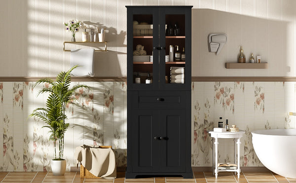 English Elm 67.2" Tall Bathroom Storage Cabinet with Tempered Glass Doors, Adjustable Shelves, Soft-Close Hinges and Anti-Tip Safety Black N729P310006B