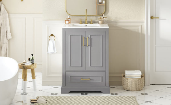 English Elm 24"bathroom Vanity Freestanding Gray Mdf Ceramic Sink Soft Close Storage Cabinet N729P321378E