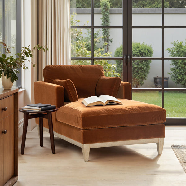 English Elm Jennifer Taylor Home - Knox Burnt Orange 65" Modern Farmhouse Chaise Lounge - Velvet, Feather-Down Foam, Reversible Cushions B2719P391773