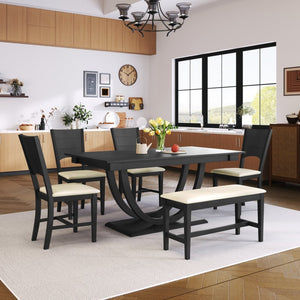 English Elm Topmax Six Piece Rubberwood Dining Set with Bench Linen Seats Sculptural Modern Style Gray N717S000029E