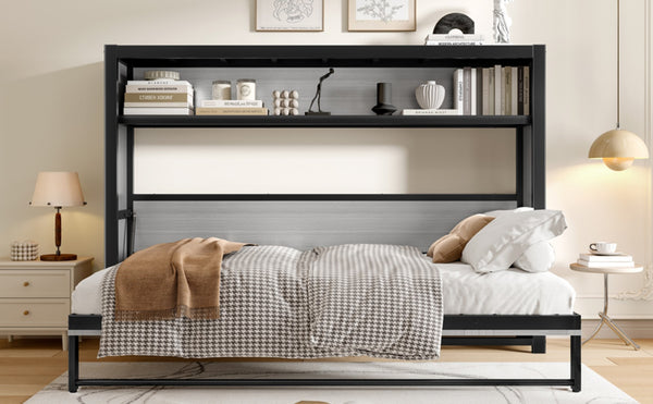 English Elm Twin Size Murphy Bed With Built-In Shelf – Space-Saving Metal Wall Bed For Efficient Living Areas W1580S00150-GIGA