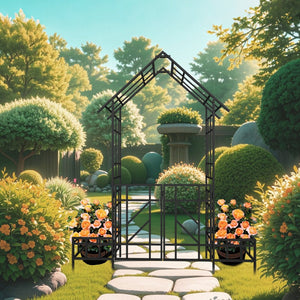 English Elm Metal Garden Arch Gate with Planters Powder Coated Steel Climbing Rose Trellis Outdoor W1586P278425