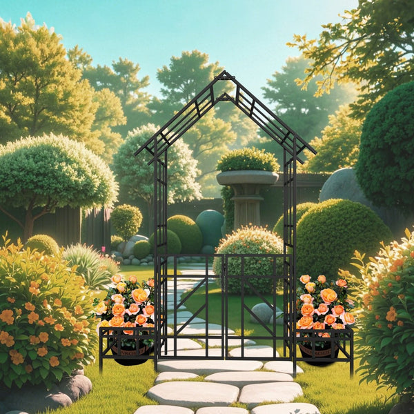 English Elm Metal Garden Arch Gate with Planters Powder Coated Steel Climbing Rose Trellis Outdoor W1586P278425
