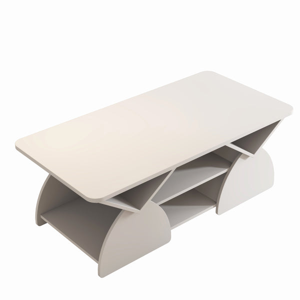 English Elm Engineered rounded corner rectangular coffee table with 6 cubbies, spacious tabletop, durable melamine finish White W2899P372759