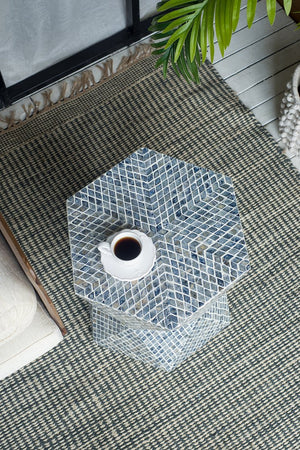 English Elm 19x19x20" Tapered Blue Capiz Stool Accent Table — Hexagon Inlay Pedestal, Geometric Charm for Entryways W2078P409466