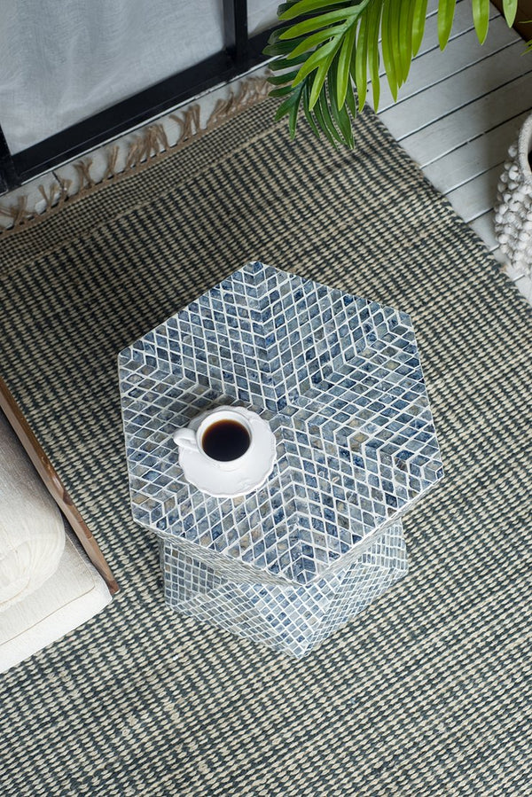 English Elm 19x19x20" Tapered Blue Capiz Stool Accent Table — Hexagon Inlay Pedestal, Geometric Charm for Entryways W2078P409466