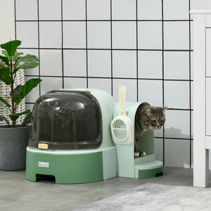 English Elm PawHut Space Capsule Covered Cat Litter Box with Removable Tray, Front Door Access & Odor Control Green W2225P229423