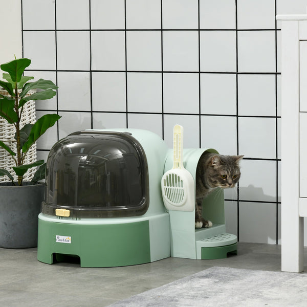 English Elm PawHut Space Capsule Covered Cat Litter Box with Removable Tray, Front Door Access & Odor Control Green W2225P229423