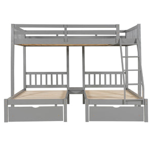 English Elm Full Over Twin Triple Bunk Bed Pine Wood Frame with Storage Drawers and Guardrails LT000343AAE-1