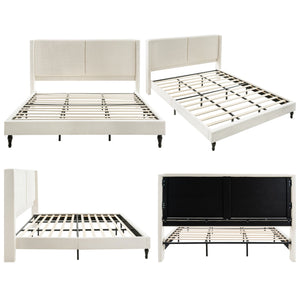 English Elm King Upholstered Bed Frame with Tall Bouclé Headboard, Solid Wood Feet, 12-Slat Support, 1000lb Capacity Beige 81.3 L x 31.5 W x 8.27 H W1716P335675