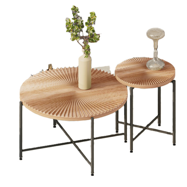 English Elm Radial Distressed 2-Piece Coffee and End Table Set with Waterproof MDF Top and Black Metal Legs Natural Wood+Brown B2735P269981