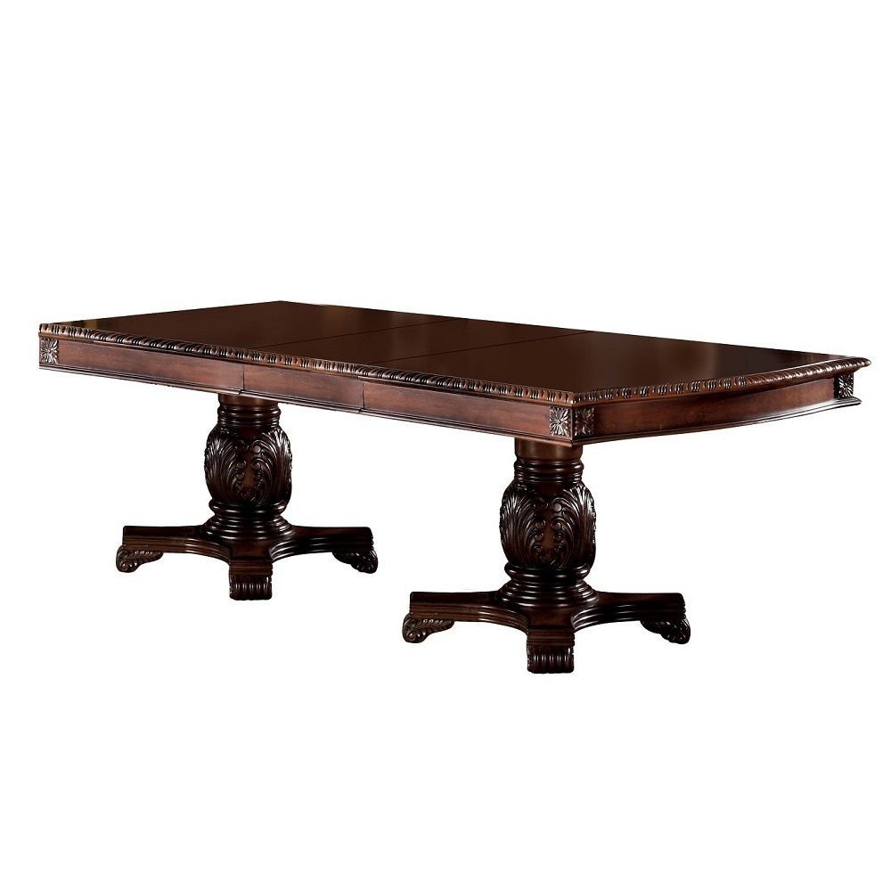 English Elm Chateau ornate double-pedestal dining table with removable leaves, grooved trim and floral motifs Cherry 26 L x 26 W x 16 H B2726S00379