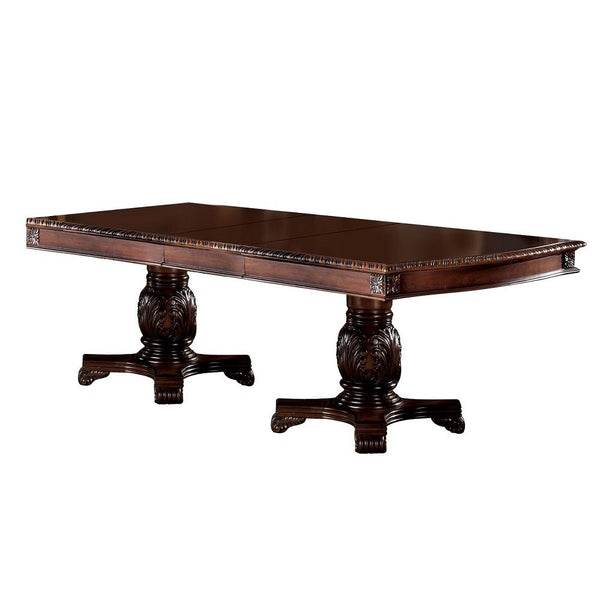 English Elm Chateau ornate double-pedestal dining table with removable leaves, grooved trim and floral motifs Cherry 26 L x 26 W x 16 H B2726S00379