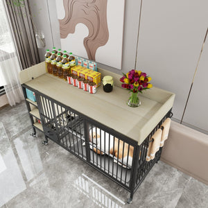 English Elm Large Iron Mdf Pet Enclosure with Storage Cabinet Rolling Casters and Steel Feeding Basins W3064P245384
