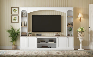 English Elm Arched Farmhouse Entertainment Center with Open Shelving for Living Room White N721S000063K