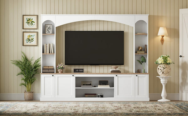 English Elm Arched Farmhouse Entertainment Center with Open Shelving for Living Room White N721S000063K