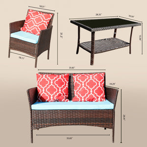 English Elm Four-Piece Outdoor Rattan Sofa Set With Emerald Green Cushions & Stylish Glass Table For Patios W3152P269438