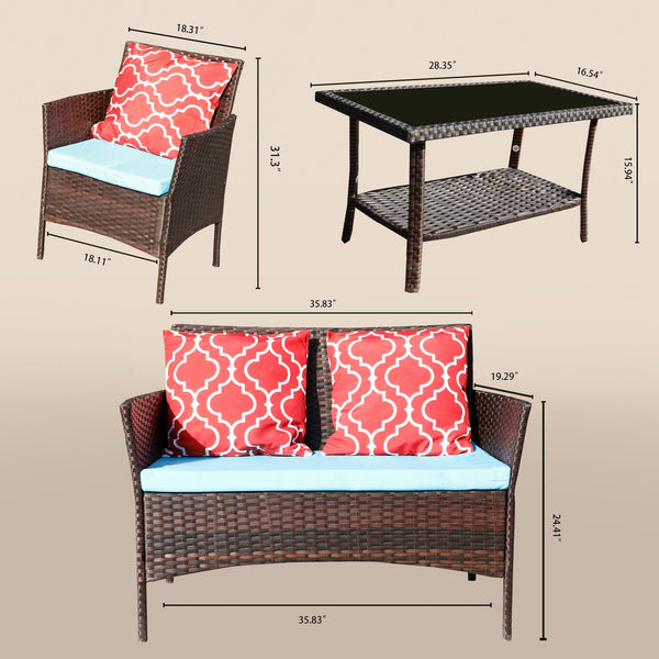 English Elm Four-Piece Outdoor Rattan Sofa Set With Emerald Green Cushions & Stylish Glass Table For Patios W3152P269438