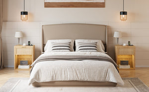 English Elm Upholstered Queen Platform Bed Curved Wingback Linen Headboard Modern Bedroom Frame Brown N733S439498N