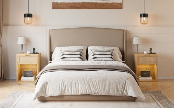 English Elm Upholstered Queen Platform Bed Curved Wingback Linen Headboard Modern Bedroom Frame Brown N733S439498N